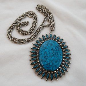 Signed JJ Jonette Vintage Silver Tone Faux Turquoise Southwest Necklace